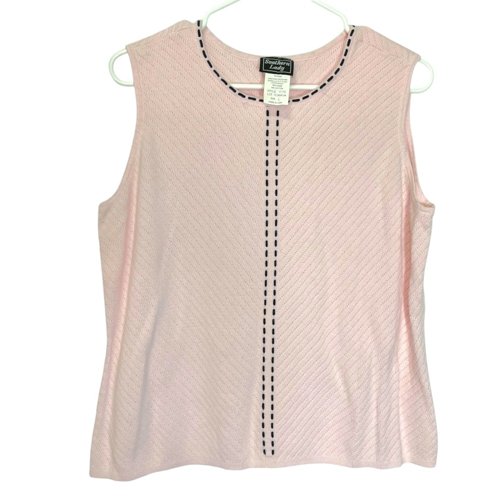 Southern Lady L Pink Knit Shell Tank Contrast Stitch Chevron Grandmacore Preppy - Picture 2 of 5